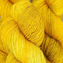 Load image into Gallery viewer, Skein of Madelinetosh Tosh Vintage Worsted weight yarn in the color Candlewick (Yellow) for knitting and crocheting.
