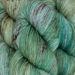 Skein of Madelinetosh Tosh Vintage Worsted weight yarn in the color Lost in Trees (Green) for knitting and crocheting.
