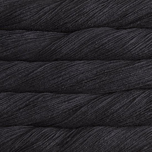 Skein of Malabrigo Arroyo Sport weight yarn in the color Black (Black) for knitting and crocheting.