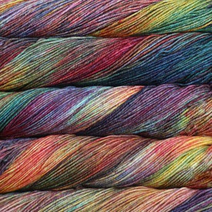 Skein of Malabrigo Arroyo Sport weight yarn in the color Diana (Multi) for knitting and crocheting.