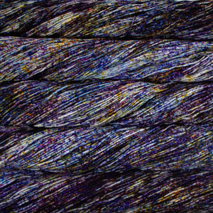 Skein of Malabrigo Arroyo Sport weight yarn in the color Galaxy (Purple) for knitting and crocheting.