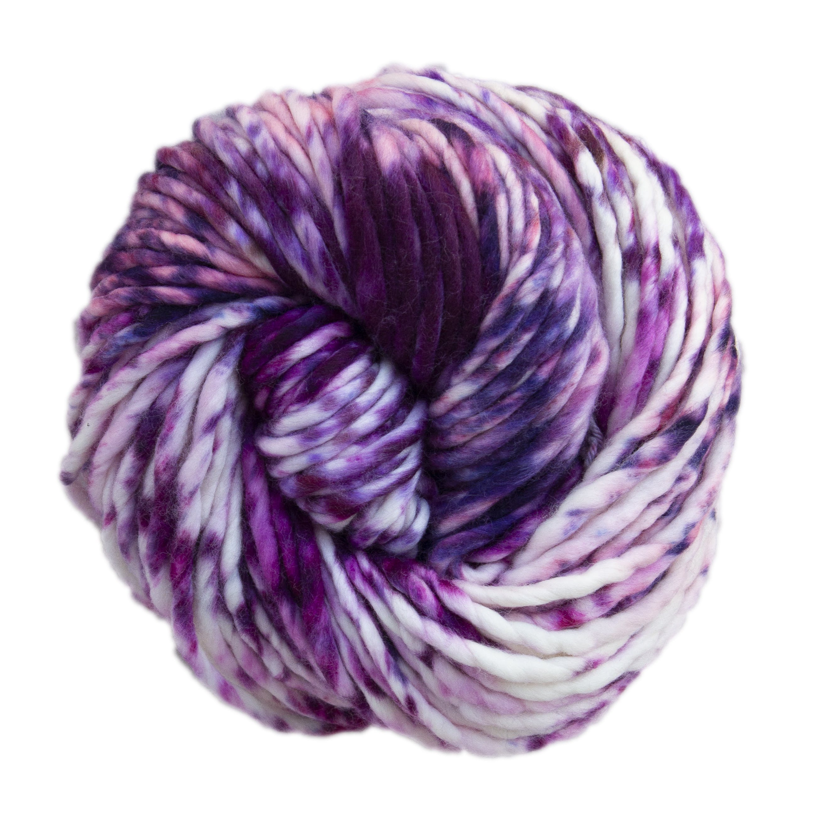 Skein of Malabrigo Rasta Super Bulky weight yarn in the color Blueberry Cream (Purple) for knitting and crocheting.