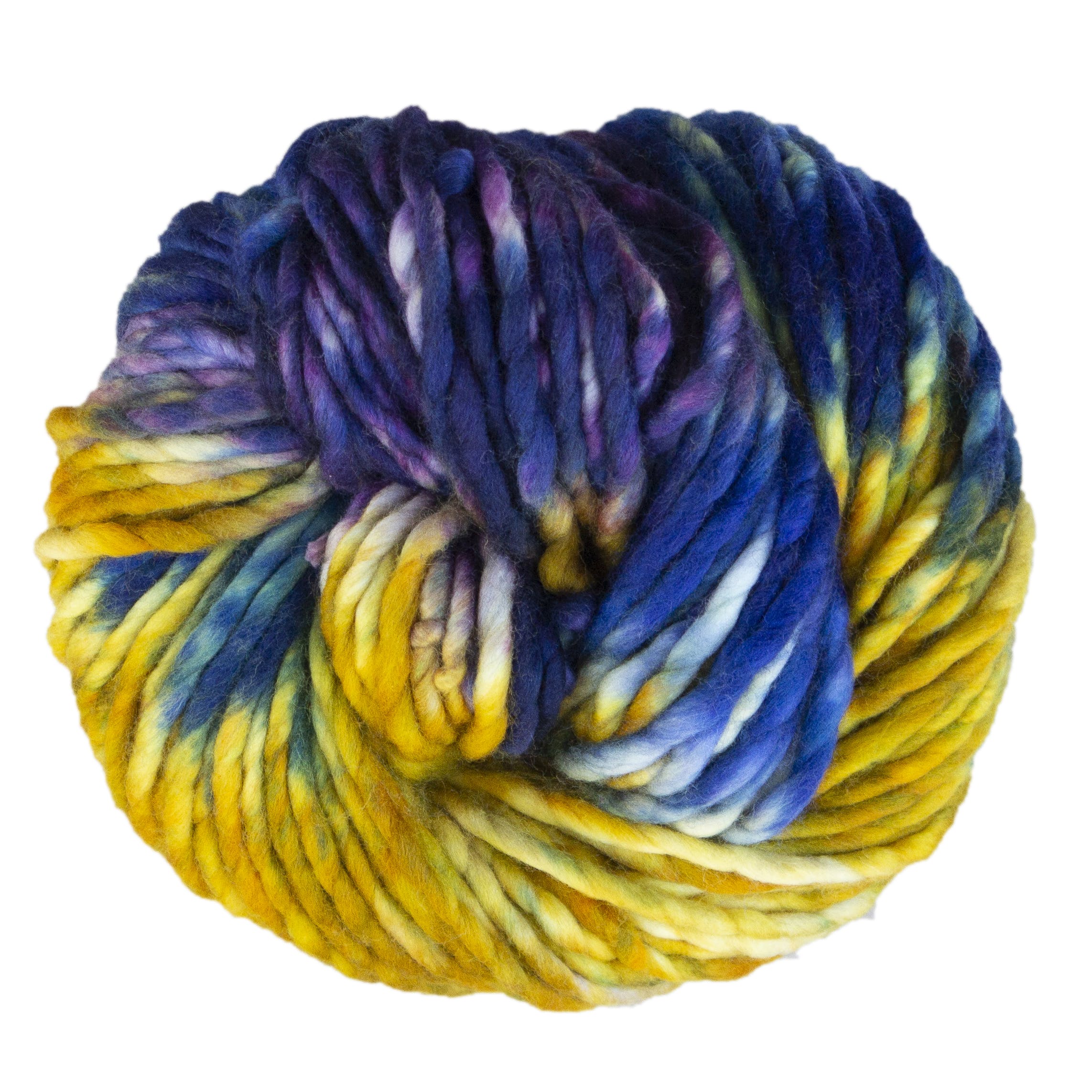 Skein of Malabrigo Rasta Super Bulky weight yarn in the color Pensamiento (Yellow) for knitting and crocheting.
