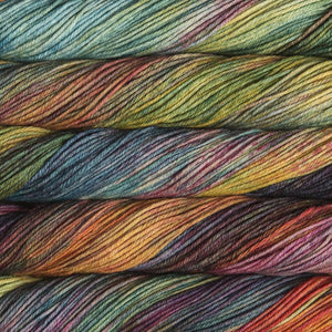 Skein of Malabrigo Rios Worsted weight yarn in the color Diana (Multi) for knitting and crocheting.