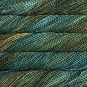 Skein of Malabrigo Rios Worsted weight yarn in the color Fresco y Seco (Green) for knitting and crocheting.