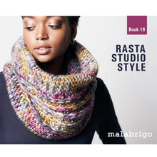 Load image into Gallery viewer, The Cover of Malabrigo Rasta Book 19 is shown, featuring a model wearing the Flynn Cowl.
