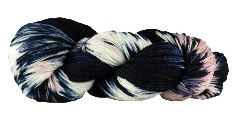 Skein of Manos del Uruguay Alegria Space-Dyed Sock weight yarn in the color Cabaret (Black) for knitting and crocheting.