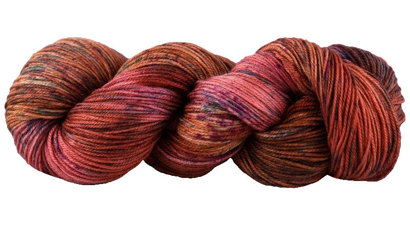 Skein of Manos del Uruguay Alegria Space-Dyed Sock weight yarn in the color Cusco (Red) for knitting and crocheting.