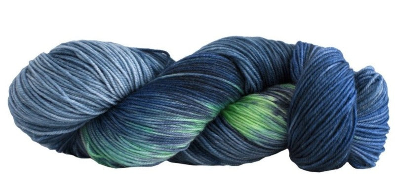 Skein of Manos del Uruguay Alegria Space-Dyed Sock weight yarn in the color Fondo del Mar (Blue) for knitting and crocheting.