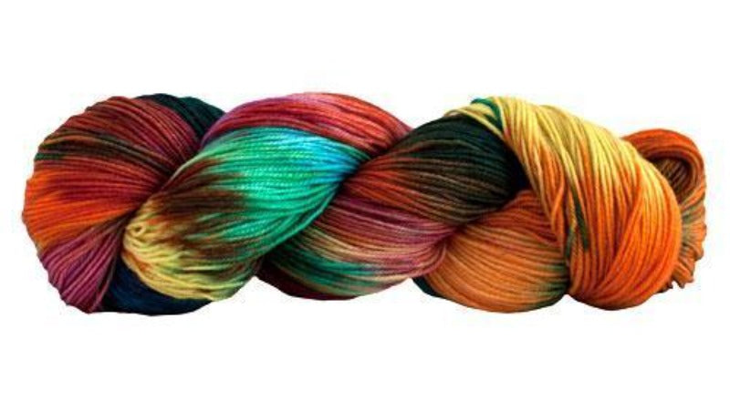 Skein of Manos del Uruguay Alegria Space-Dyed Sock weight yarn in the color Huarache (Multi) for knitting and crocheting.