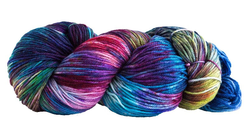 Skein of Manos del Uruguay Alegria Space-Dyed Sock weight yarn in the color Manglar (Blue) for knitting and crocheting.