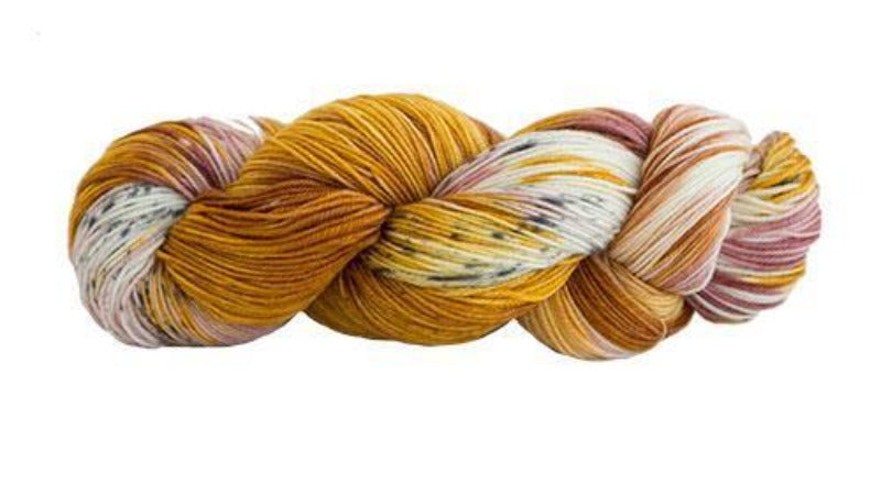 Skein of Manos del Uruguay Alegria Space-Dyed Sock weight yarn in the color Peach and Chia (Yellow) for knitting and crocheting.