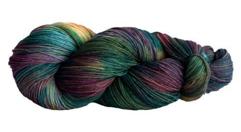 Skein of Manos del Uruguay Alegria Space-Dyed Sock weight yarn in the color Pindo (Green) for knitting and crocheting.