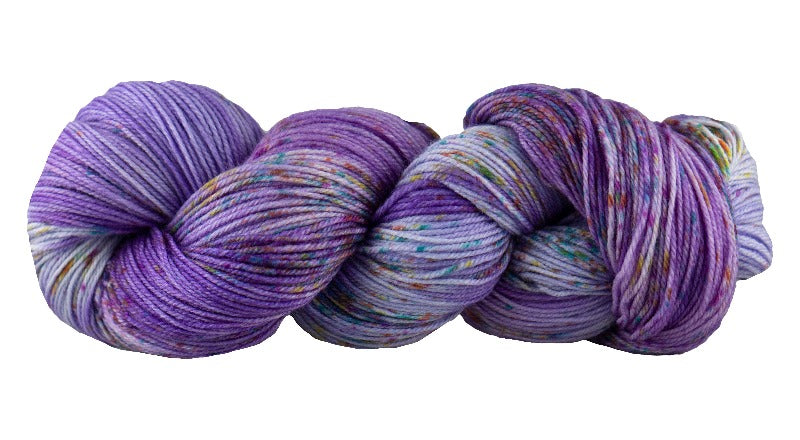 Skein of Manos del Uruguay Alegria Space-Dyed Sock weight yarn in the color Sari (Purple) for knitting and crocheting.