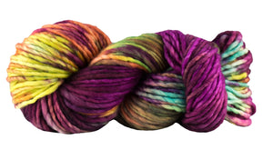 Skein of Manos del Uruguay Franca Super Bulky weight yarn in color Cincuenta (Multi) for knitting and crocheting.