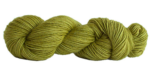 Skein of Manos del Uruguay Silk Blend DK weight yarn in the color Citric (Green) for knitting and crocheting.