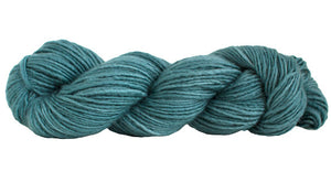 Skein of Manos del Uruguay Silk Blend DK weight yarn in the color Steel (Blue) for knitting and crocheting.
