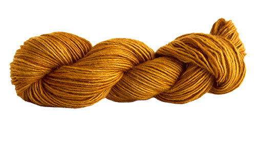 Skein of Manos del Uruguay Silk Blend DK weight yarn in the color Topaz (Yellow) for knitting and crocheting.