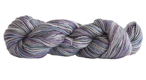 Skein of Manos del Uruguay Silk Blend Space-Dyed DK weight yarn in the color Abalone (Gray) for knitting and crocheting.