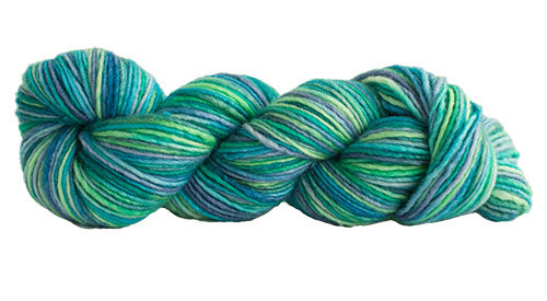 Skein of Manos del Uruguay Silk Blend Space-Dyed DK weight yarn in the color Caribe (Green) for knitting and crocheting.