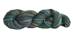 Skein of Manos del Uruguay Silk Blend Space-Dyed DK weight yarn in the color Deep Sea (Green) for knitting and crocheting.
