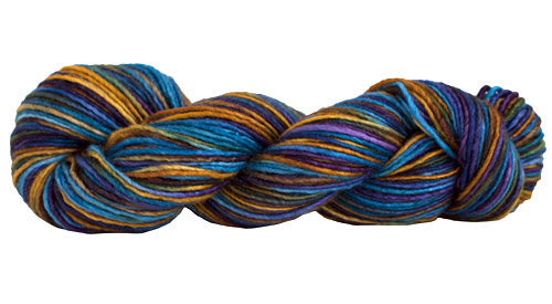 Skein of Manos del Uruguay Silk Blend Space-Dyed DK weight yarn in the color Stellar (Blue) for knitting and crocheting.