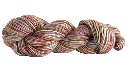 Skein of Manos del Uruguay Silk Blend Space-Dyed DK weight yarn in the color Wildflowers (Brown) for knitting and crocheting.