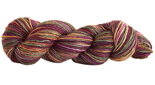 Skein of Manos del Uruguay Silk Blend Space-Dyed DK weight yarn in the color Woodland (Brown) for knitting and crocheting.