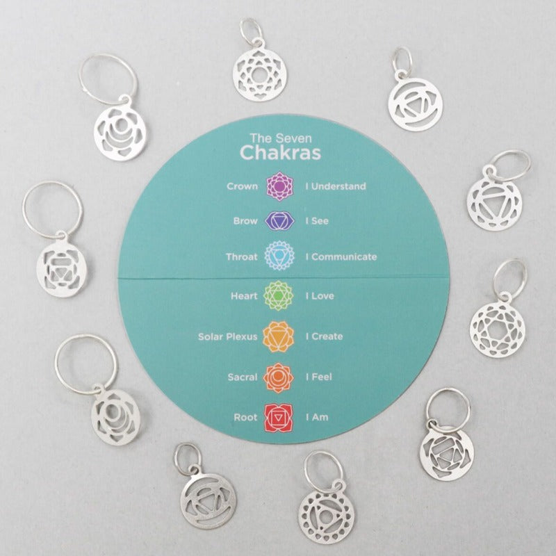 10 Sterling silver stitch markers are shown, along with a symbol key for each Chakra represented.