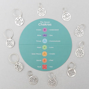10 Sterling silver stitch markers are shown, along with a symbol key for each Chakra represented.