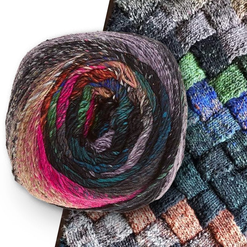 A yarn ball with all of the colors in Noro Tsubame color 03 Sakado  (red, black, blue, green, pink, gray) is shown.