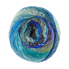 Load image into Gallery viewer, A yarn ball with all of the colors in Noro Tsubame color 05 Amagasaki (blues, greens, gray) is shown.
