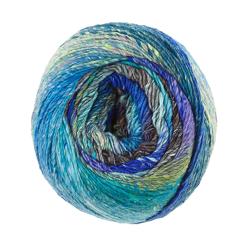 A yarn ball with all of the colors in Noro Tsubame color 05 Amagasaki (blues, greens, gray) is shown.