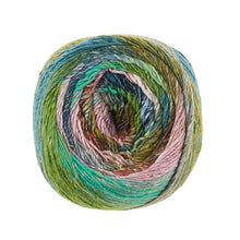 Load image into Gallery viewer, A yarn ball with all of the colors in Noro Tsubame color 05 Morioka (green, blue, pink, orange, purple, yellow) is shown.
