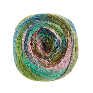 A yarn ball with all of the colors in Noro Tsubame color 05 Morioka (green, blue, pink, orange, purple, yellow) is shown.