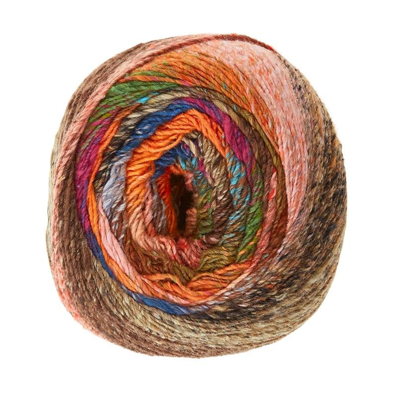 A yarn ball with all of the colors in Noro Tsubame color 09 Yatsushiro (orange, green, blue, gray, pink, brown) is shown.