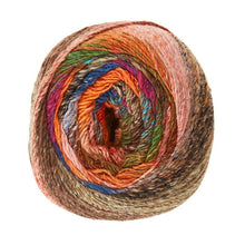 Load image into Gallery viewer, A yarn ball with all of the colors in Noro Tsubame color 09 Yatsushiro (orange, green, blue, gray, pink, brown) is shown.
