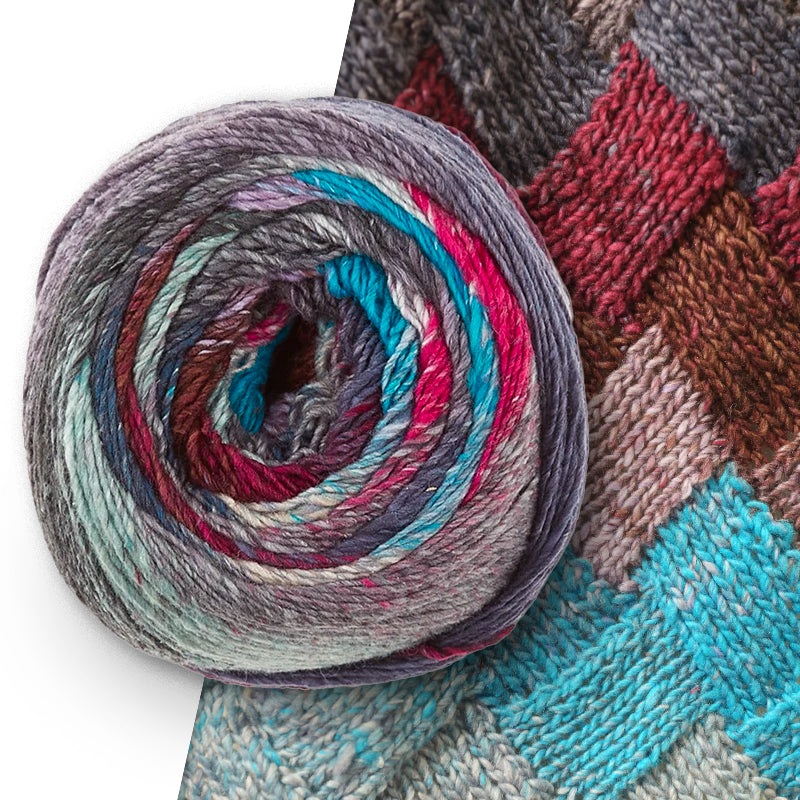 A yarn ball with all of the colors in Noro Tsubame color 12 Hakone (gray, magenta, white, turquoise) is shown.
