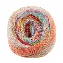 Load image into Gallery viewer, A yarn ball of Noro Tsubame is shown in color 18- Matsumoto (pink, orange, green, blue, tan).
