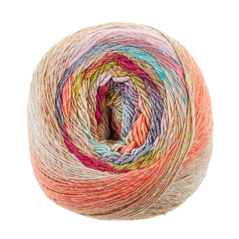 A yarn ball of Noro Tsubame is shown in color 18- Matsumoto (pink, orange, green, blue, tan).