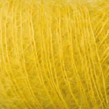 Load image into Gallery viewer, Skein of Rowan Kidsilk Haze Lace weight yarn in the color Eve Green (Yellow) for knitting and crocheting.
