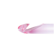 Load image into Gallery viewer, The hook shaped head of a Susan Bates Size P Crochet hook, shown in translucent pink.
