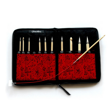 Set of ChaioGoo T-Spin Interchangeable Tunisian Crochet Hooks in red carrying case.